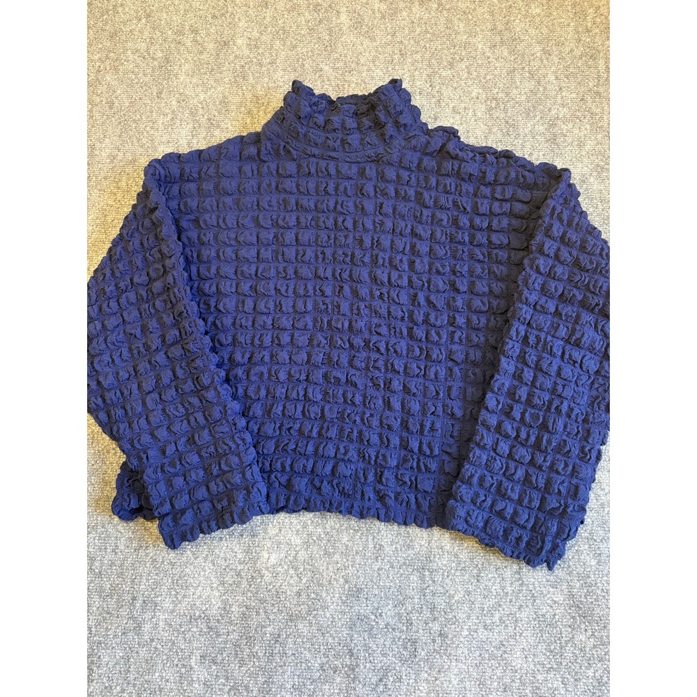 Zara Blue Popcorn Bubble Textured Mock Neck Long Sleeve Top Size M